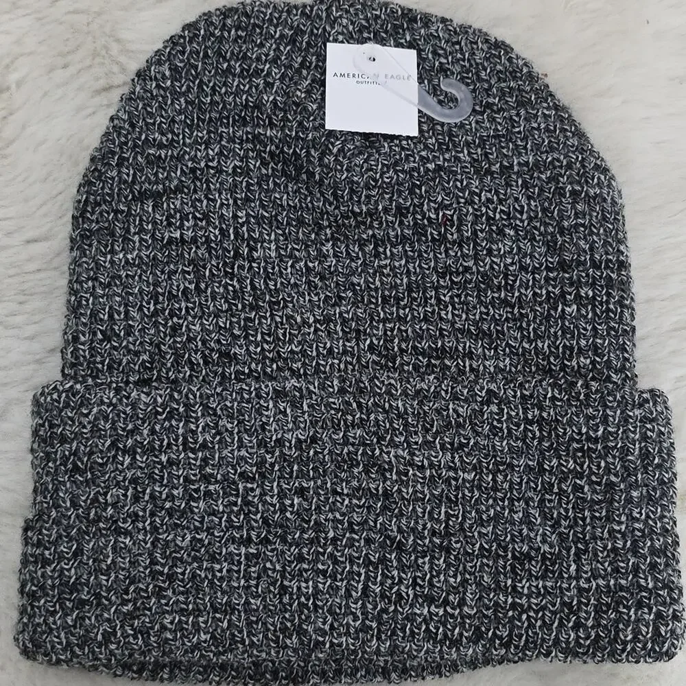 American Eagle Black Marbled Waffle Knit Beanie NWT Unisex Slouchy Winter Hat OS